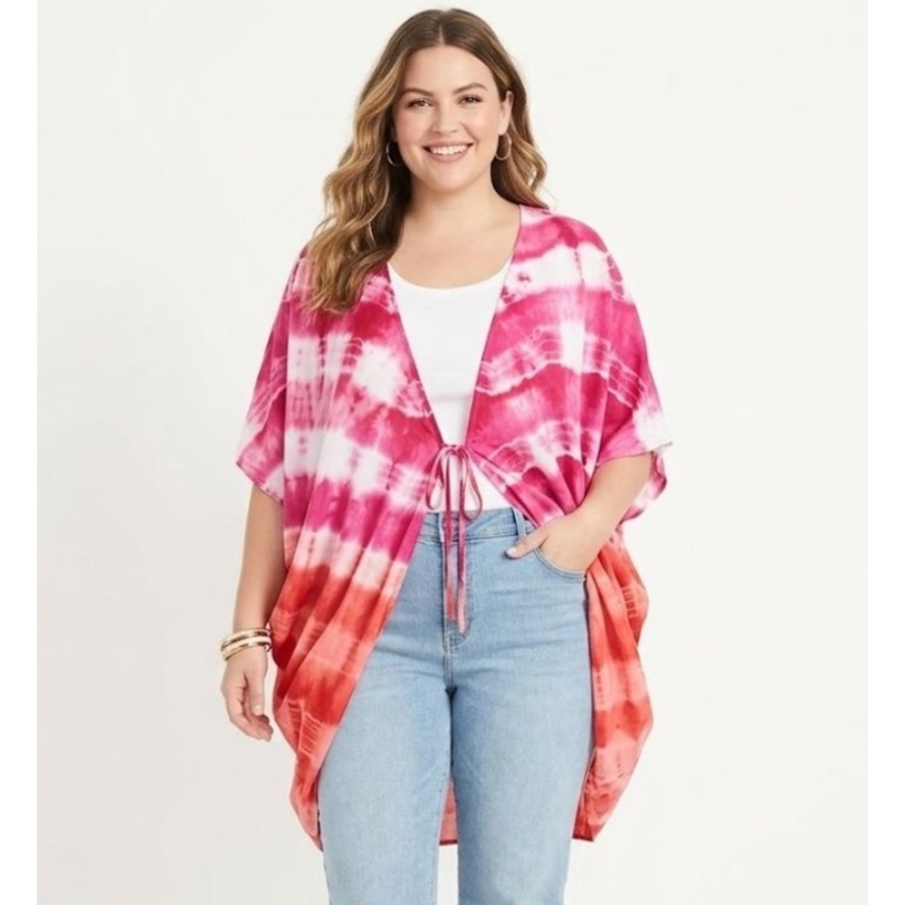 Catherines Tie Dye Tie Front Soft‎ Rayon Kimono 1X